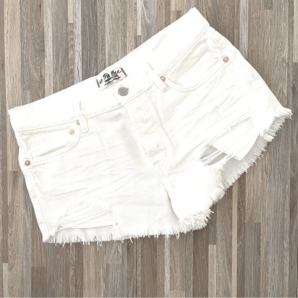 FREE PEOPLE White Denim Cut Off Shorts